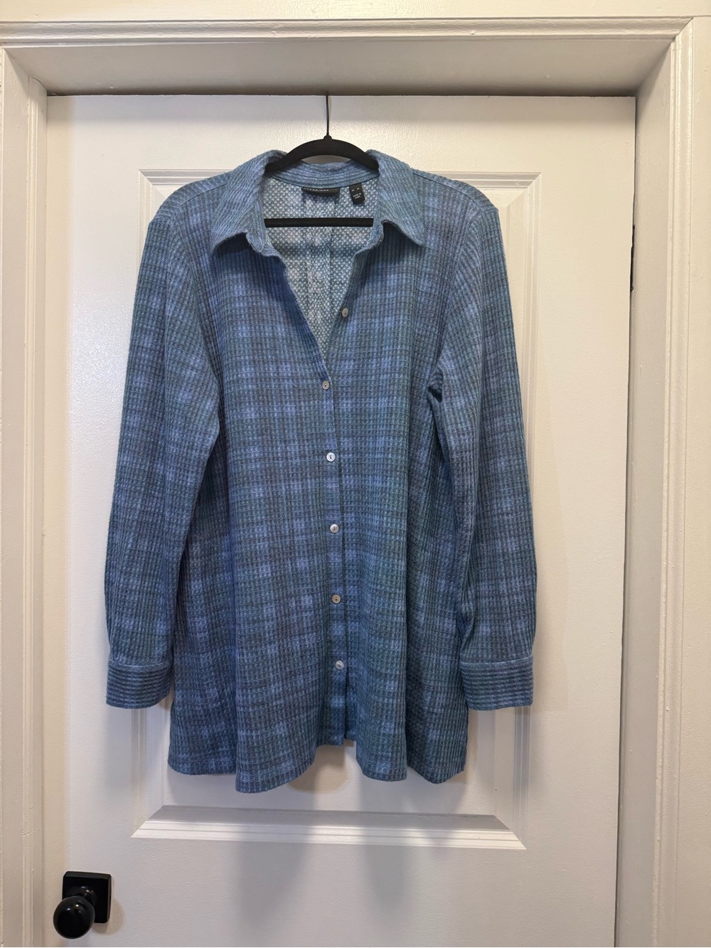 Susan Graver Teal-Blue Plaid Button-Down Tunic Shirt